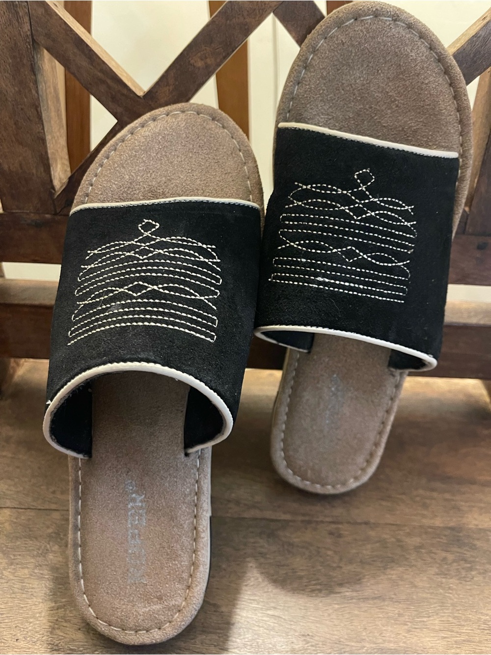 Roper Black Suede Slide Sandals with Cream Trim